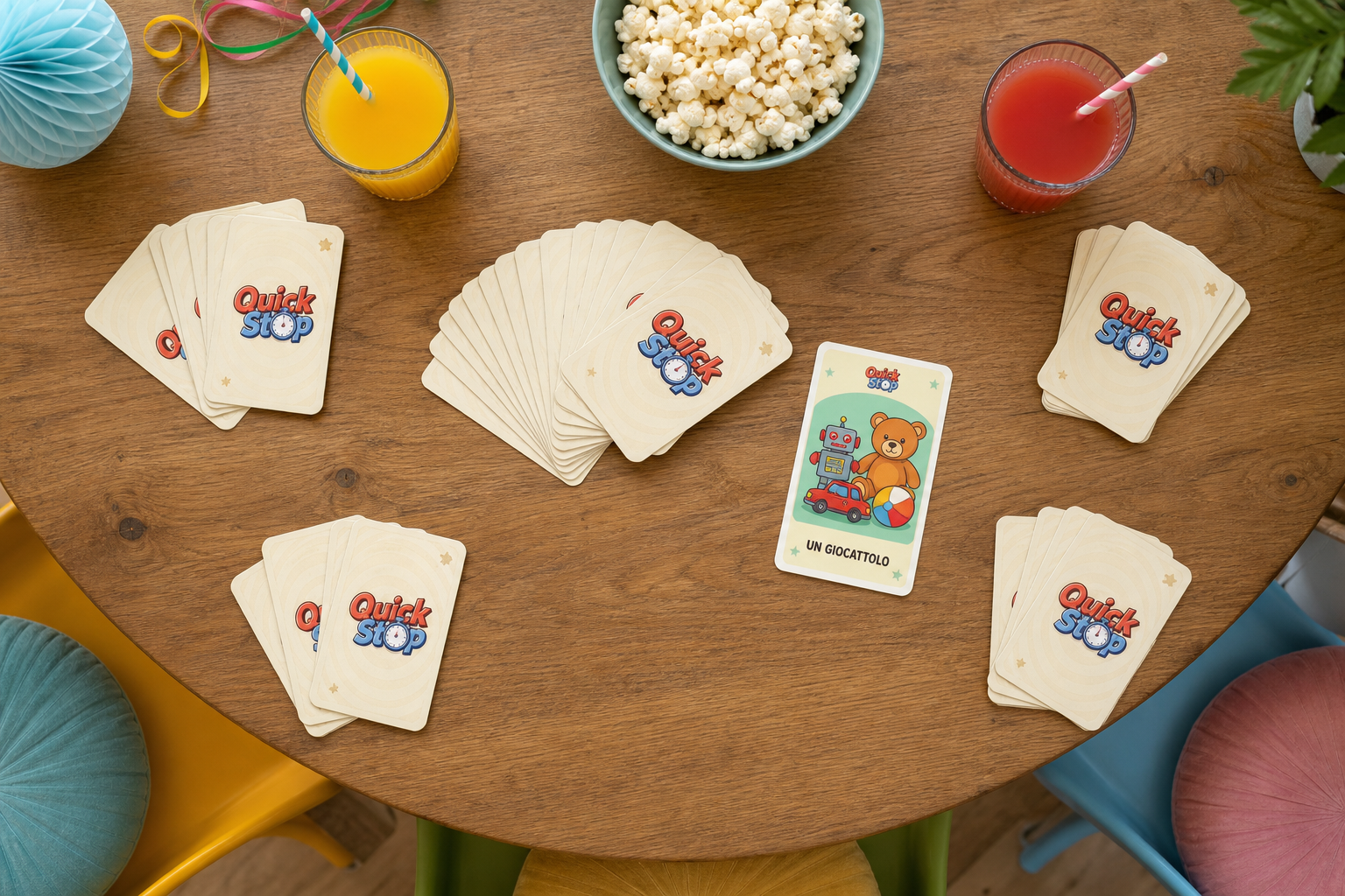 Setup colorato di Quick Stop con popcorn e succhi pensato per bambini