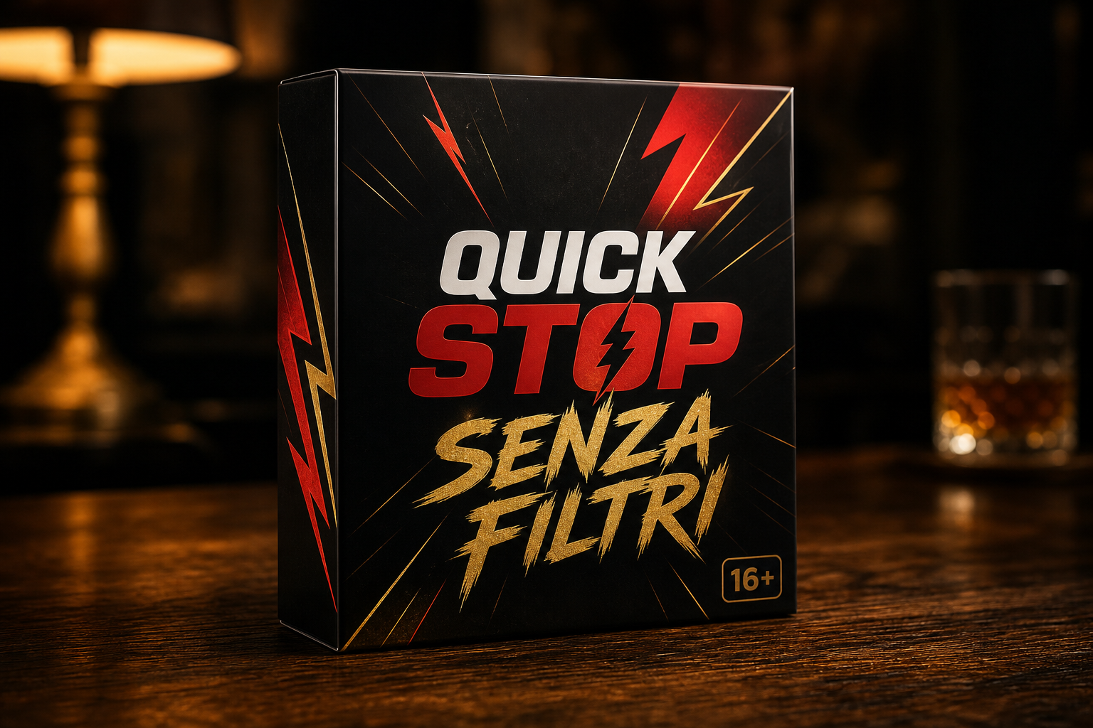 Scatola di Quick Stop Senza Filtri nera con dettagli rossi e dorati per adulti 16+