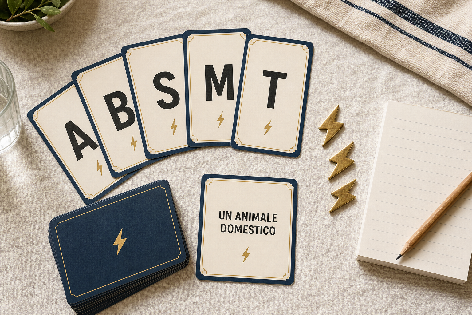 Setup di una partita di Quick Stop con cinque carte lettera, una carta tema, gettoni fulmine e blocco appunti